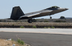 The F-22 Raptor is about to touch down on the runway as it completes its demo at the Miramar Air Show...on September 24, 2022.