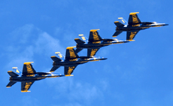 Four of the Blue Angels fly in formation during the final demo at the Miramar Air Show...on September 24, 2022.