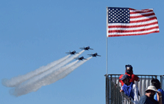 The four Blue Angels are about to fly over a grandstand at the Miramar Air Show again...on September 24, 2022.
