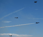 The four Blue Angels conduct an acrobatic maneuver during the final demo at the Miramar Air Show...on September 24, 2022.