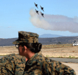 The four Blue Angels fly low over the airfield during the final demo at the Miramar Air Show...on September 24, 2022.