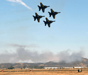 The four Blue Angels fly low over the airfield during the final demo at the Miramar Air Show...on September 24, 2022.