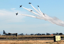 All six Blue Angels conduct an acrobatic maneuver during the final demo at the Miramar Air Show...on September 24, 2022.