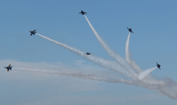 All six Blue Angels conduct an acrobatic maneuver during the final demo at the Miramar Air Show...on September 24, 2022.