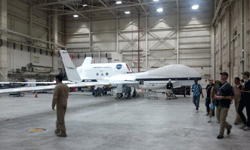 The RQ-4 Global Hawk UAV on display inside its hangar at NASA's Armstrong Flight Research Center...on May 31, 2016.