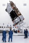 The Roman Space Telescope is rotated to vertical during pre-launch processing inside of Kennedy Space Center's Payload Hazardous Servicing Facility in Florida