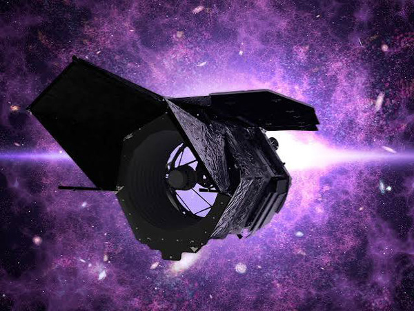 An artist's concept of NASA's Nancy Grace Roman Space Telescope surveying the cosmos