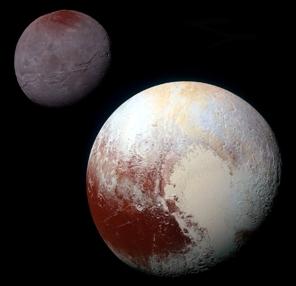 A composite image showing Pluto and Charon as seen by the New Horizons spacecraft