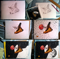 A work-in-progress collage of a drawing I made of NASA's New Horizons spacecraft.