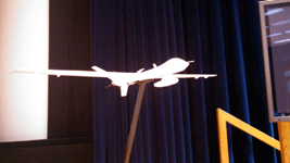 A close-up of the Ikhana Predator B drone model on stage.