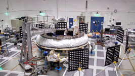 Engineers work on the Low-Density Supersonic Decelerator inside JPL's Spacecraft Assembly Facility...on December 3, 2014.