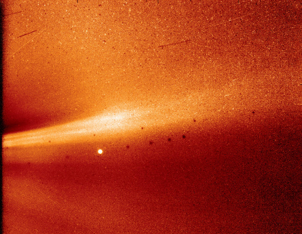 An image of a coronal streamer being ejected from our Sun...as seen by NASA's Parker Solar Probe on November 8, 2018 (Mercury is the bright circular object below the streamer)