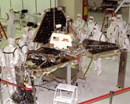 The Mars Pathfinder lander and Sojourner rover undergo launch preparations at Kennedy Space Center in Florida on October 2, 1996