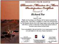 My certificate for NASA's Phoenix Mars Lander mission