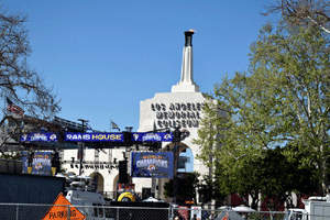 At the Los Angeles Rams' championship parade and rally after they won Super Bowl LVI.