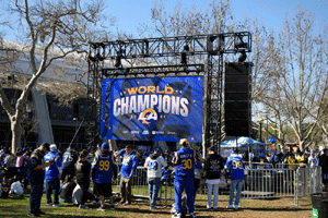 At the Los Angeles Rams' championship parade and rally after they won Super Bowl LVI.