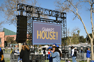 At the Los Angeles Rams' championship parade and rally after they won Super Bowl LVI.