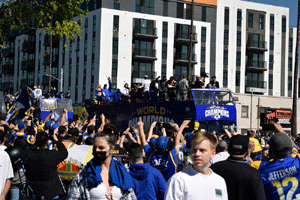 At the Los Angeles Rams' championship parade and rally after they won Super Bowl LVI.