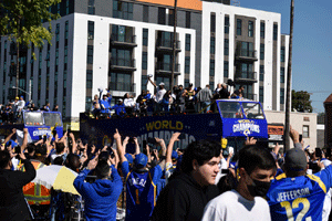 At the Los Angeles Rams' championship parade and rally after they won Super Bowl LVI.