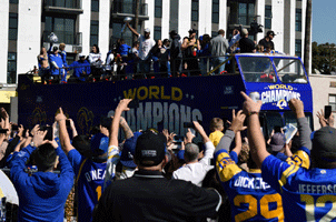 At the Los Angeles Rams' championship parade and rally after they won Super Bowl LVI.