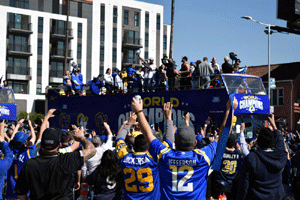 At the Los Angeles Rams' championship parade and rally after they won Super Bowl LVI.