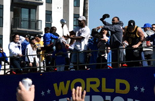 At the Los Angeles Rams' championship parade and rally after they won Super Bowl LVI.