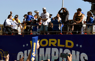 At the Los Angeles Rams' championship parade and rally after they won Super Bowl LVI.