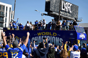 At the Los Angeles Rams' championship parade and rally after they won Super Bowl LVI.