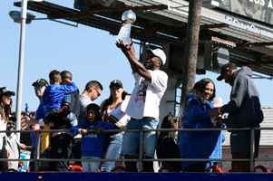 At the Los Angeles Rams' championship parade and rally after they won Super Bowl LVI.