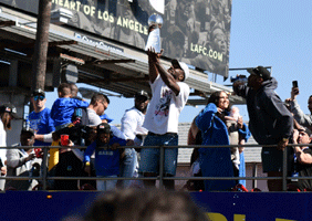 At the Los Angeles Rams' championship parade and rally after they won Super Bowl LVI.