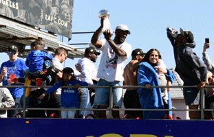 At the Los Angeles Rams' championship parade and rally after they won Super Bowl LVI.