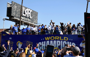 At the Los Angeles Rams' championship parade and rally after they won Super Bowl LVI.