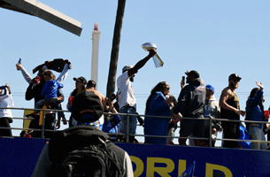 At the Los Angeles Rams' championship parade and rally after they won Super Bowl LVI.