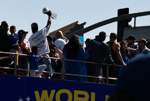 At the Los Angeles Rams' championship parade and rally after they won Super Bowl LVI.