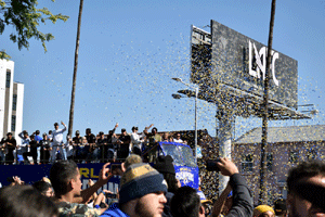 At the Los Angeles Rams' championship parade and rally after they won Super Bowl LVI.