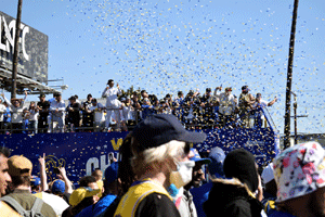 At the Los Angeles Rams' championship parade and rally after they won Super Bowl LVI.