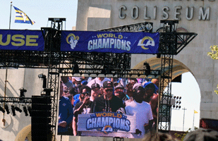 At the Los Angeles Rams' championship parade and rally after they won Super Bowl LVI.