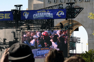 At the Los Angeles Rams' championship parade and rally after they won Super Bowl LVI.