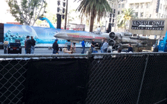 The full-size X-Wing model is prepped on Hollywood Boulevard for the ROGUE ONE: A STAR WARS STORY premiere...on December 8, 2016.