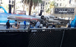 The full-size X-Wing model is prepped on Hollywood Boulevard for the ROGUE ONE: A STAR WARS STORY premiere...on December 8, 2016.