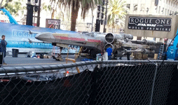 The full-size X-Wing model is prepped on Hollywood Boulevard for the ROGUE ONE: A STAR WARS STORY premiere...on December 8, 2016.