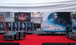 The red carpet tent for the ROGUE ONE: A STAR WARS STORY premiere is prepped on Hollywood Boulevard and Vine Street...on December 8, 2016.