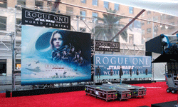 The red carpet tent for the ROGUE ONE: A STAR WARS STORY premiere is prepped on Hollywood Boulevard and Vine Street...on December 8, 2016.