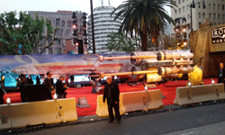 The full-size X-Wing model (with the historic Capitol Records building visible behind it) is displayed near the ROGUE ONE red carpet tent...on December 10, 2016.