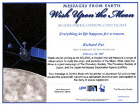 My certificate for JAXA's Kaguya (formely known as SELENE) Moon mission