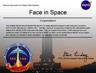 My certificate for space shuttle flight STS-133