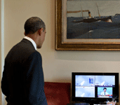 At the White House, President Barack Obama watches the final launch of Atlantis on a television monitor in the Outer Oval Office, on July 8, 2011