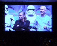Flanked by First Order stormtroopers from THE FORCE AWAKENS, Carrie Fisher and Anthony Daniels make an appearance at Star Wars Celebration in the Anaheim Convention Center...on April 16, 2015.