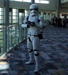 A First Order stormtrooper from THE FORCE AWAKENS prowls the hallways of the Anaheim Convention Center during Star Wars Celebration...on April 16, 2015.