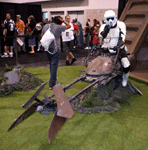 A fan dressed as a scout trooper from RETURN OF THE JEDI strikes a pose on his speeder bike at Star Wars Celebration in Anaheim...on April 17, 2015.